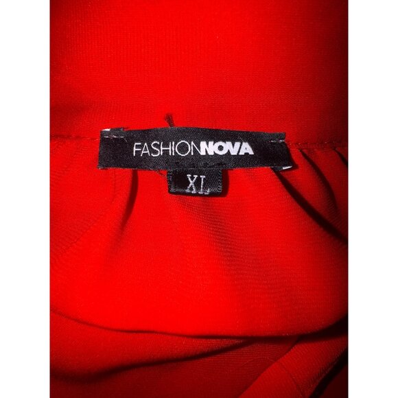 Fashion Nova Red Long-Sleeve‎ Blouse Tie Neck & Ruched Waist XL Sexy Secretary - Picture 5 of 6